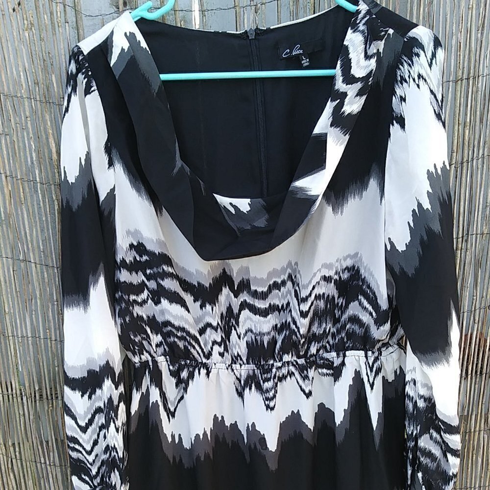 C. Luce Black & White Scoop Neck Long Sleeve Women's Dress - L